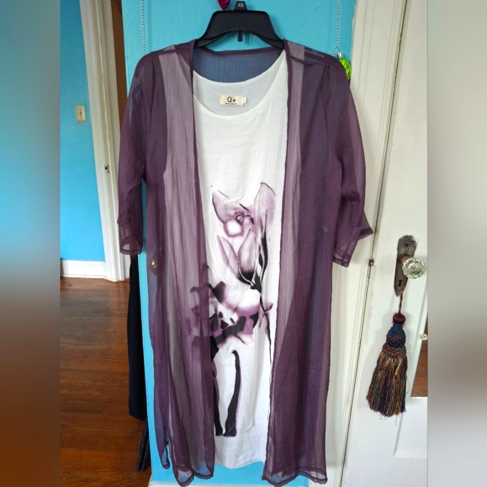 Women's M Summer Dress Midi White Gauz W Sheer Chiffon Purple Jacket By Q+ NWOT